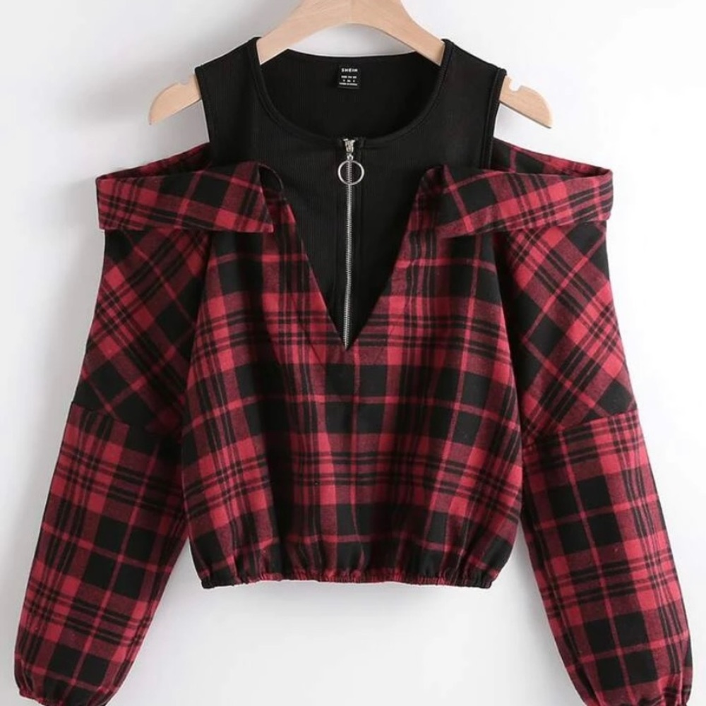 Plaid O-Ring Zipper Cold Shoulder Blouse